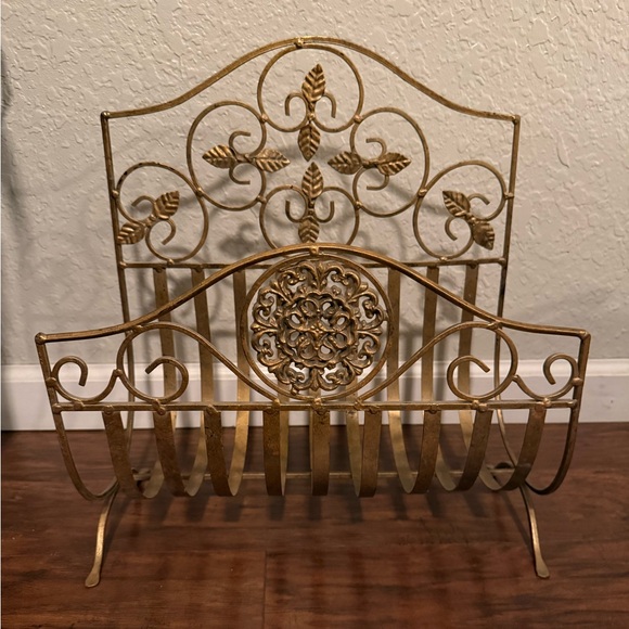 Other - Hollywood Regency Antique Brass Gold Metal Magazine Rack Decorative Scrollwork